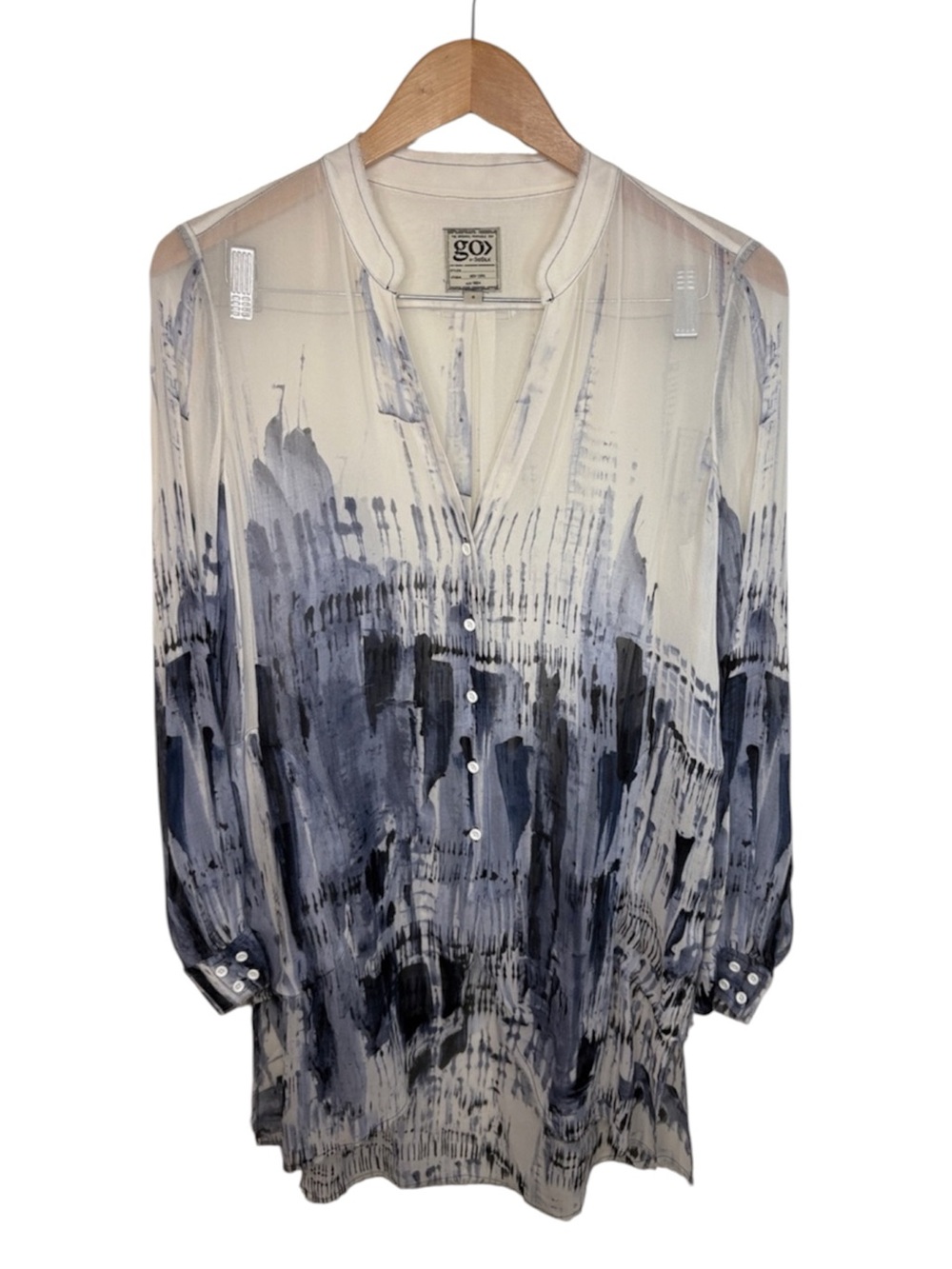 Go Silk White Blue Button Up Long Tunic Sheer Blouse Women Size S
